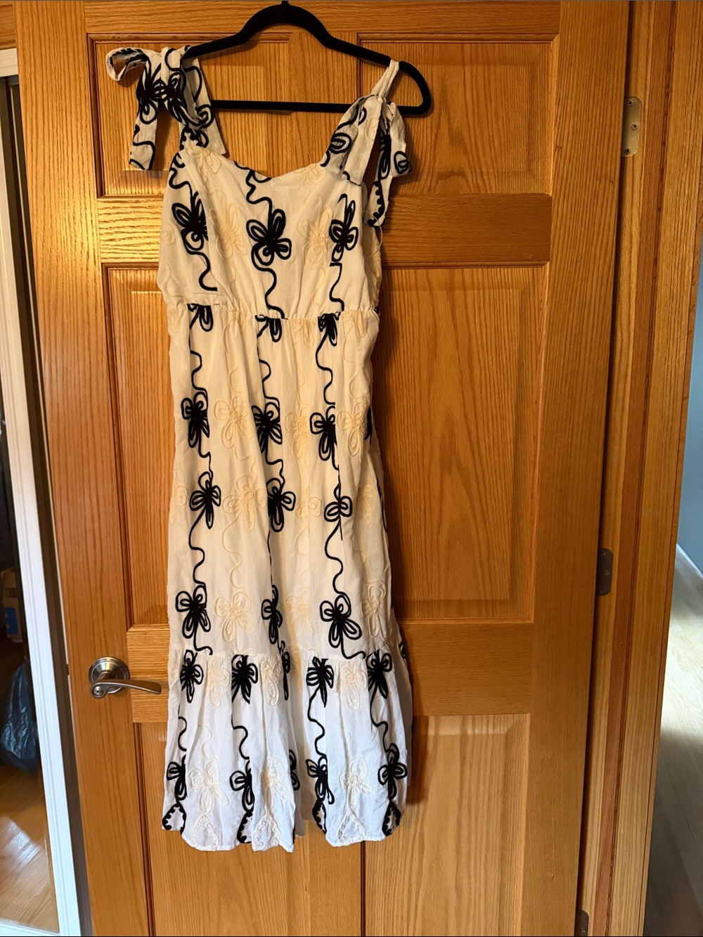 Adelyn Rae White Midi Dress with Black Floral Embroidery